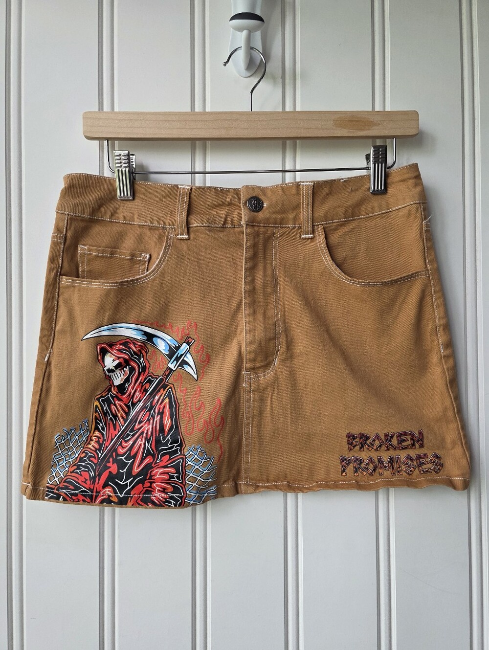 Broken Promises Wheelbarrow Brown Mini Skirt Skull Gream Reaper Size 6